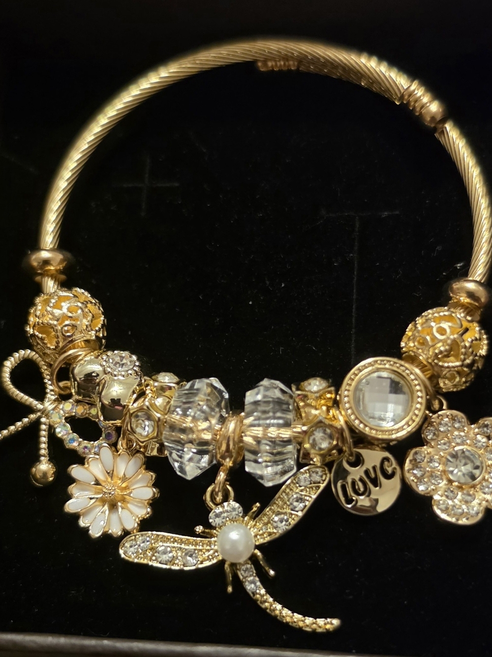 Gold Charm Bracelet with Crystal Beads and Dragonfly Charm